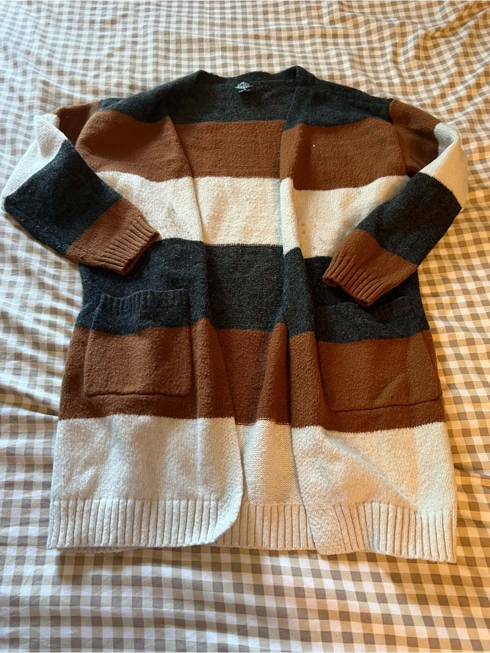Striped Open-Front Cardigan Sweater - Brown/Black/Cream